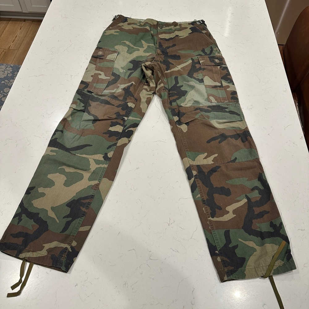 Vintage US Military Woodland Camo Cargo Pants BDU Double Knee Ripstop Army 34x32